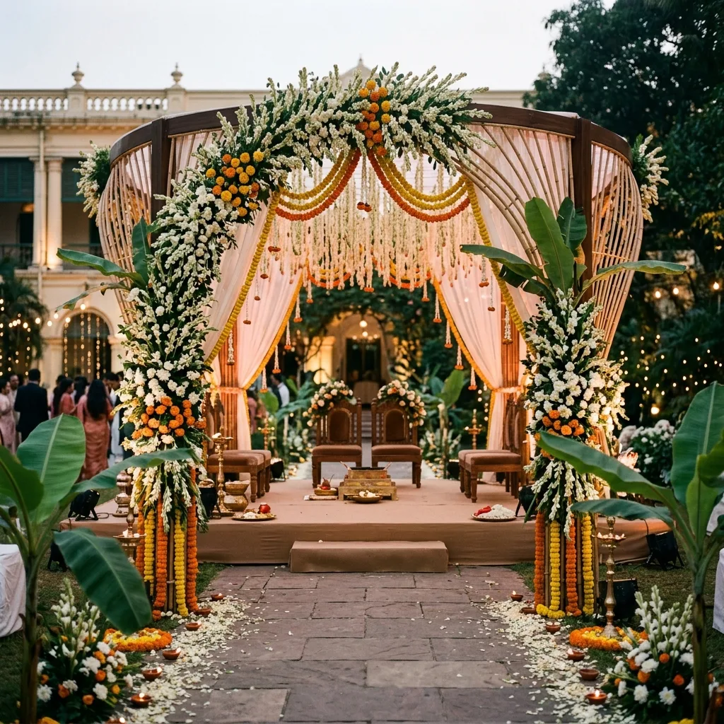 A floral mandap set for a Bengali wedding ceremony